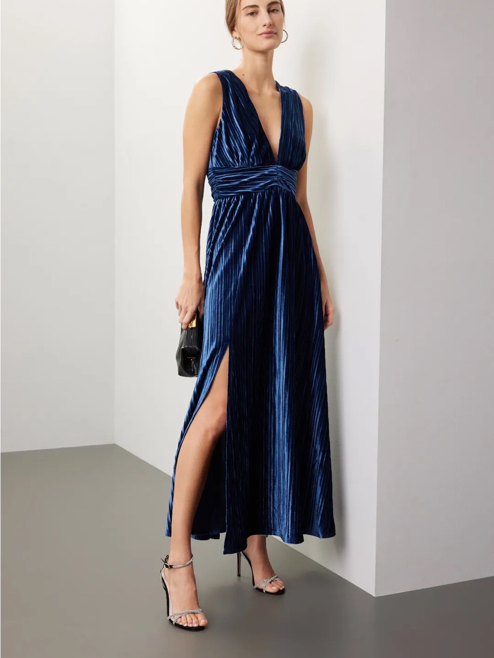 Rachel Parcell Navy Blue Velvet Maxi Dress with Side Slit